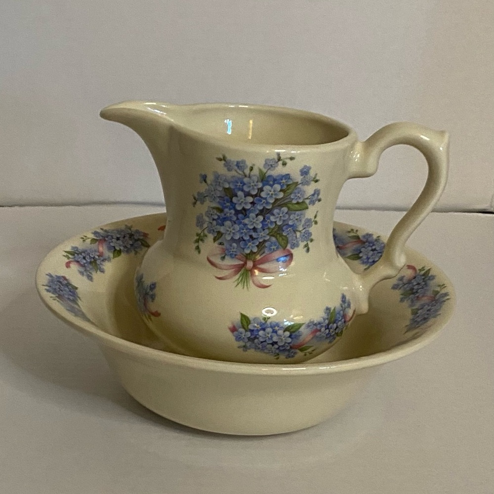 Vintage Kernewek Floral Cream Pitcher and Bowl Pottery Set, Cornwall England
